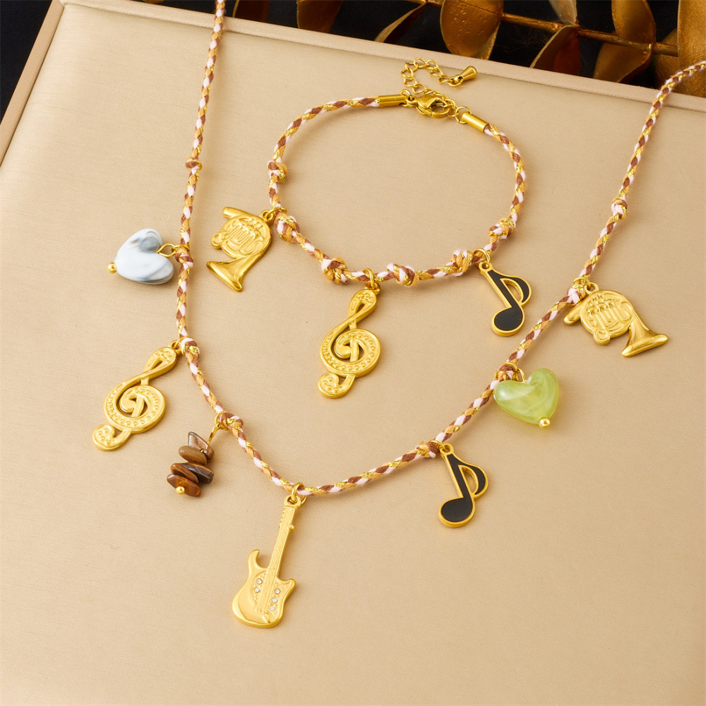 Cross-border fashion bohemian retro style colorful rope braided chain gold-plated stainless steel multi-element pendant set