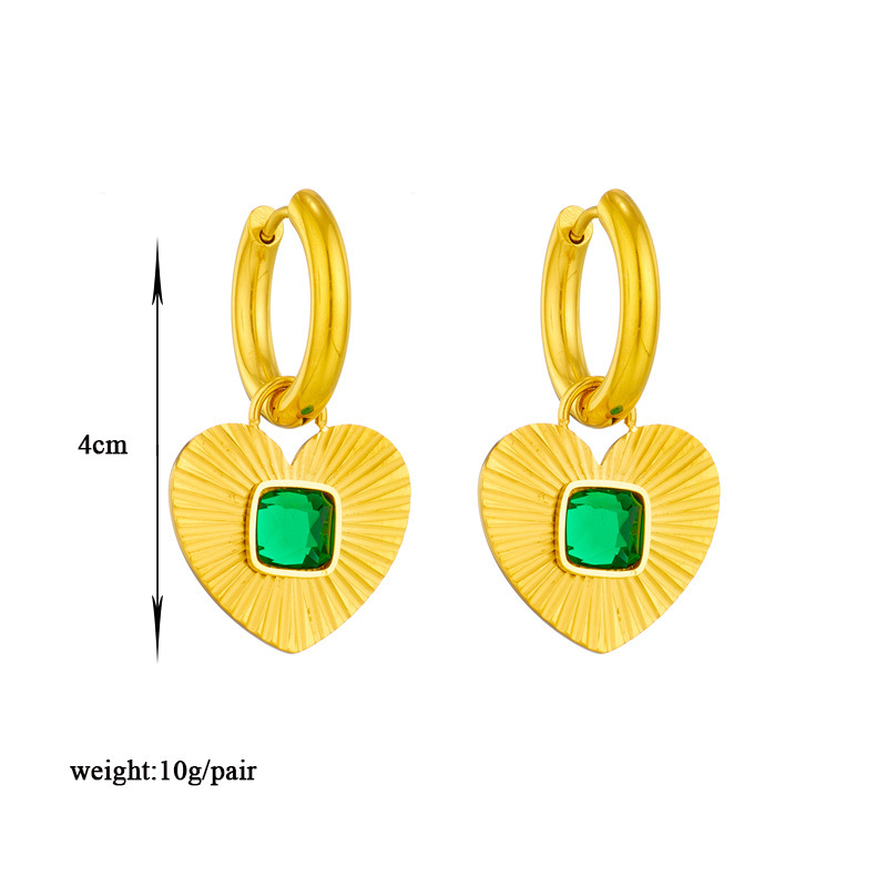 European and American cross-border fashion niche striped heart-shaped pendant with green diamond inlay, titanium steel round chunky hoop earrings