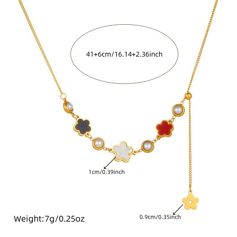 European and American cross-border fashion white shell five-petal flower accessory pendant long tassel chain stainless steel gold-plated jewelry necklace