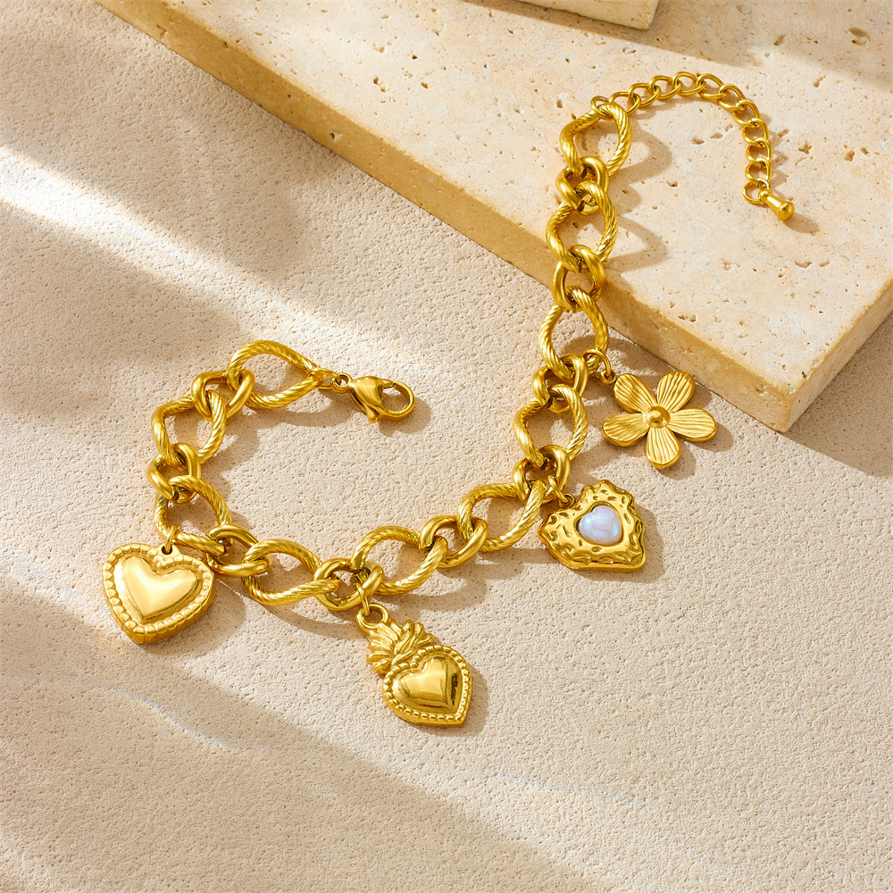 New cross-border gold-plated stainless steel O-chain flower and heart chain Cuban unisex jewelry bracelet