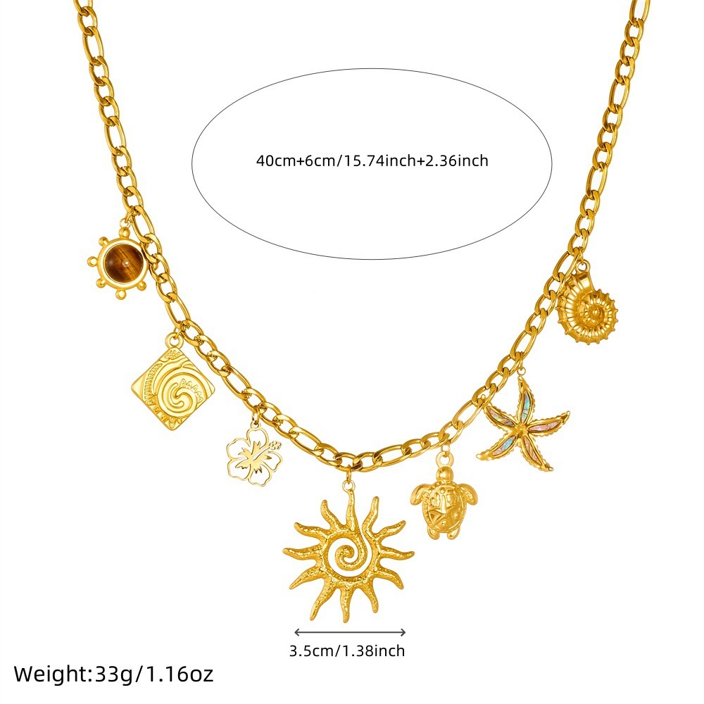 European and American chic style, high-end and luxurious tiger's eye stone sun and moon hollowed-out flower starfish turtle pendant necklace