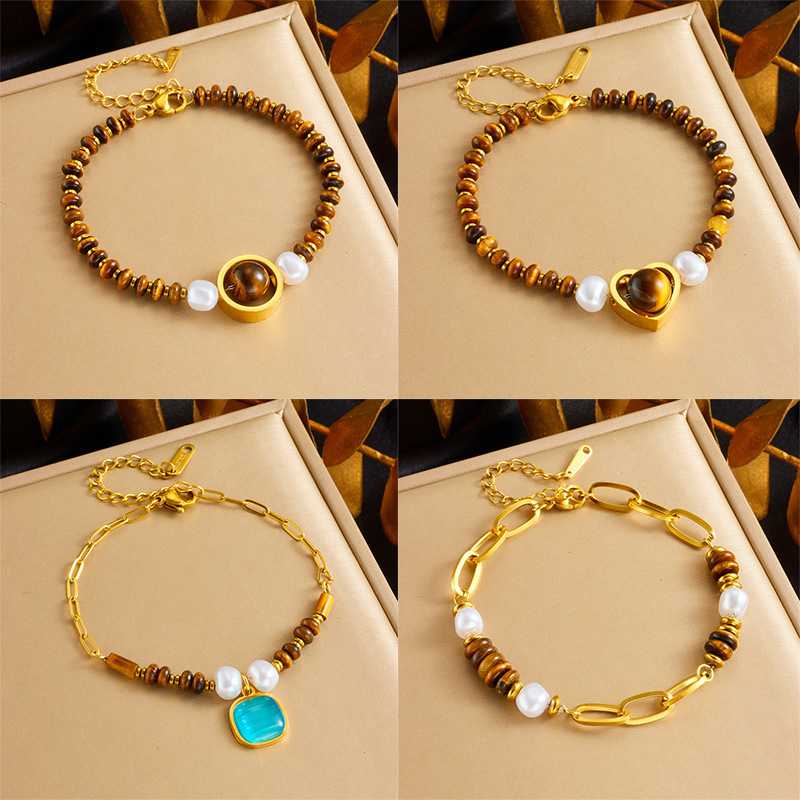 European and American cross-border oval tiger eye Maillard style woven beaded heart gemstone pendant chain splicing bracelet