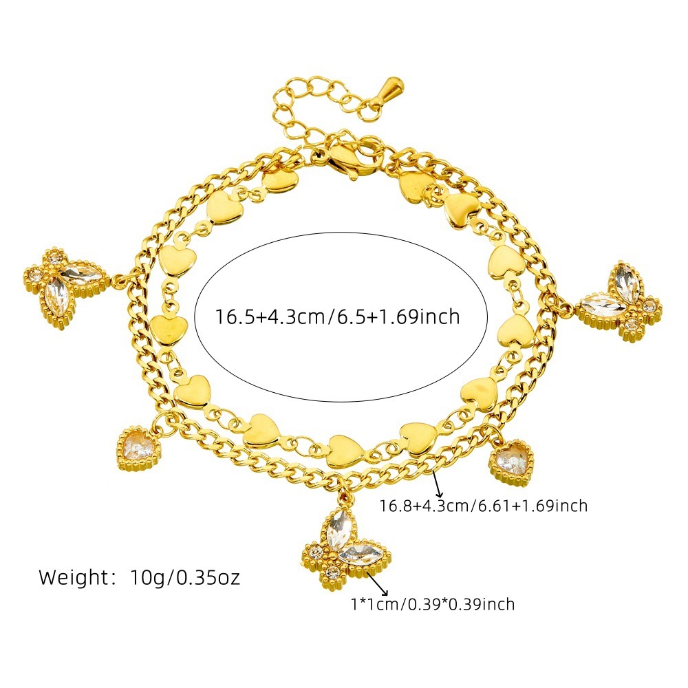 Cross-border fashion stainless steel heart double-layer stacked jewelry, diamond-encrusted butterfly heart, colorfast accessory bracelet