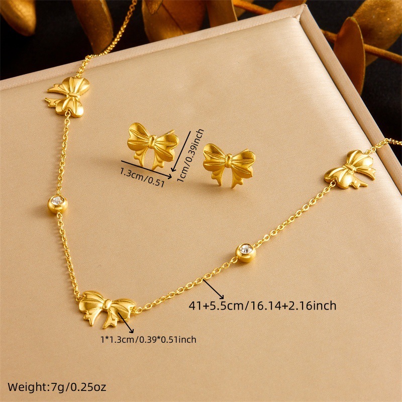 Japanese and Korean style minimalist gold-plated retro round diamond bow accessory chain stainless steel bracelet earring necklace jewelry set