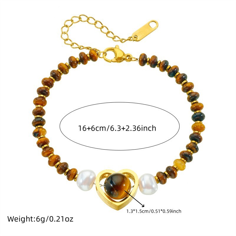 European and American cross-border oval tiger eye Maillard style woven beaded heart gemstone pendant chain splicing bracelet