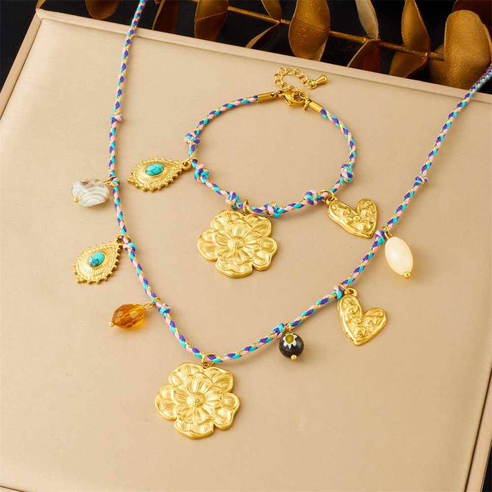 Cross-border fashion bohemian retro style colorful rope braided chain gold-plated stainless steel multi-element pendant set