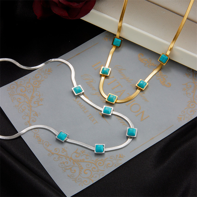 New European and American cross-border fashion gold and silver two-tone titanium steel snake bone chain turquoise square niche design clavicle necklace