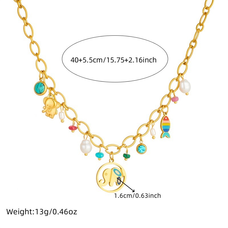 European and American style hollowed-out round brand epoxy elephant sweater chain stainless steel color-preserving accessory goldfish pendant necklace