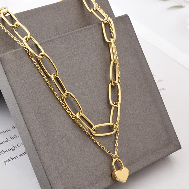 New European and American cross-border style double-layer chain heart lock pendant titanium steel metal hip-hop high-end minimalist style necklace