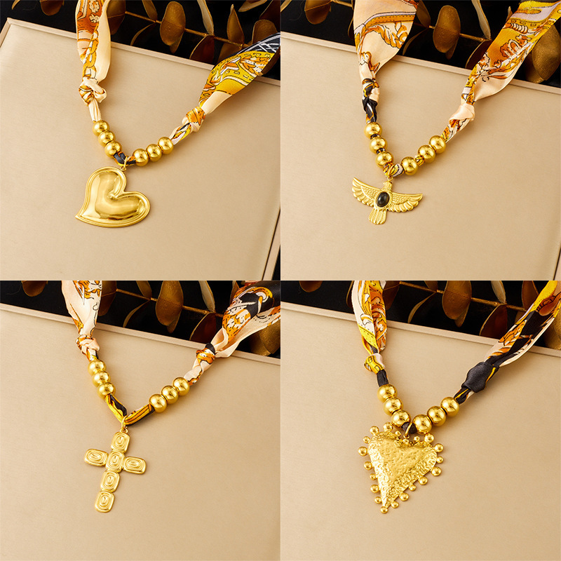 European and American style retro printed colorful ribbon cord gold-plated stainless steel heart cross bird necklace