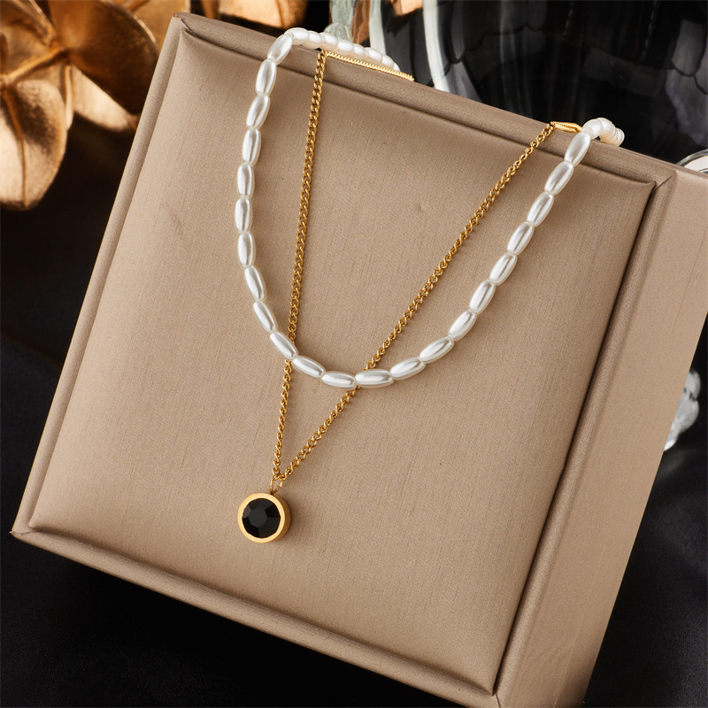 European and American cross-border fashion retro niche design stacked chain stainless steel butterfly moon pearl pendant necklace for women