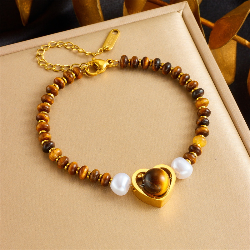 European and American cross-border oval tiger eye Maillard style woven beaded heart gemstone pendant chain splicing bracelet