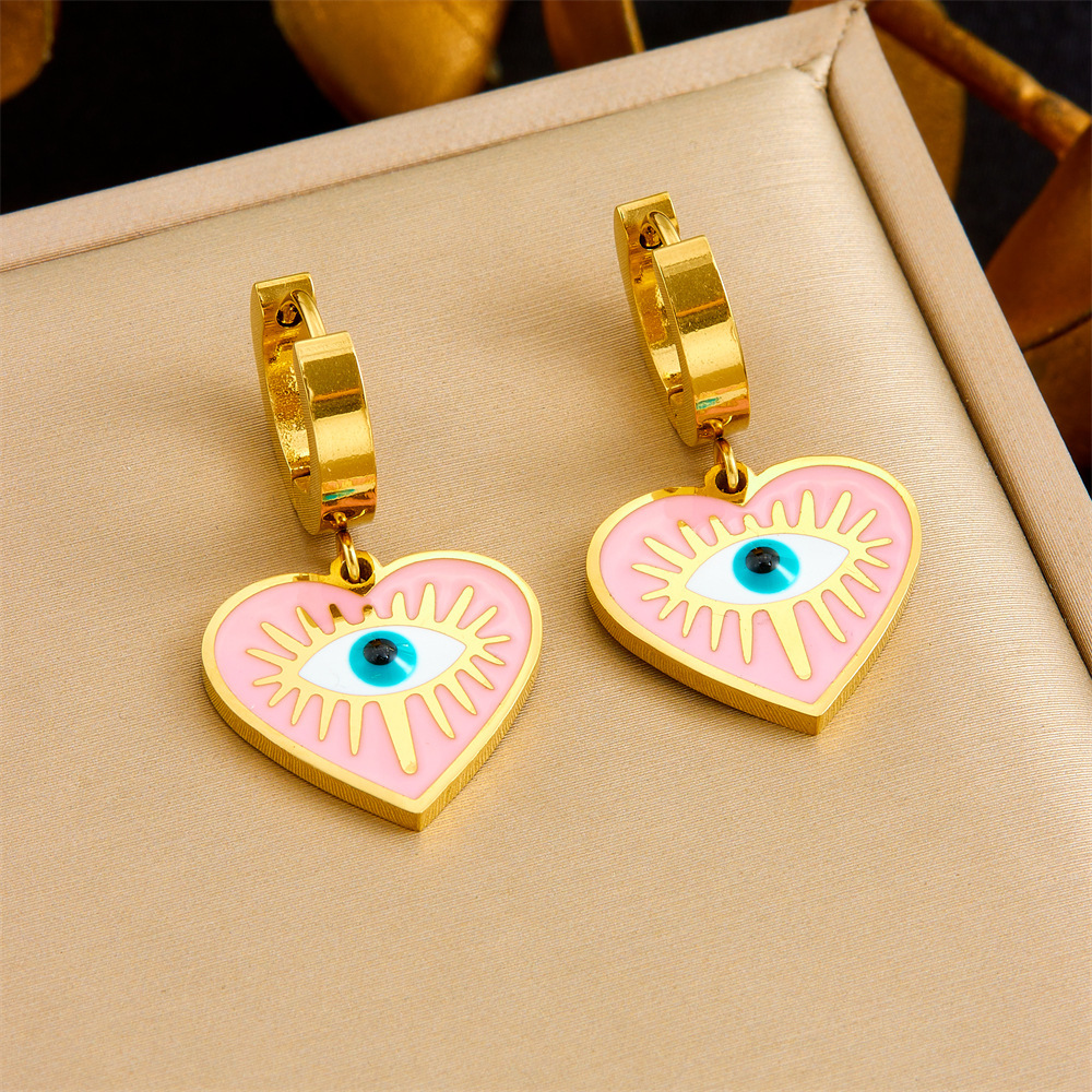 Cross-border fashion personalized oil-drop pink heart eyes blue turquoise pendant stainless steel necklace earrings bracelet set