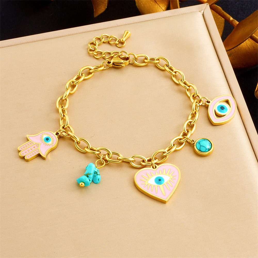 Cross-border fashion personalized oil-drop pink heart eyes blue turquoise pendant stainless steel necklace earrings bracelet set