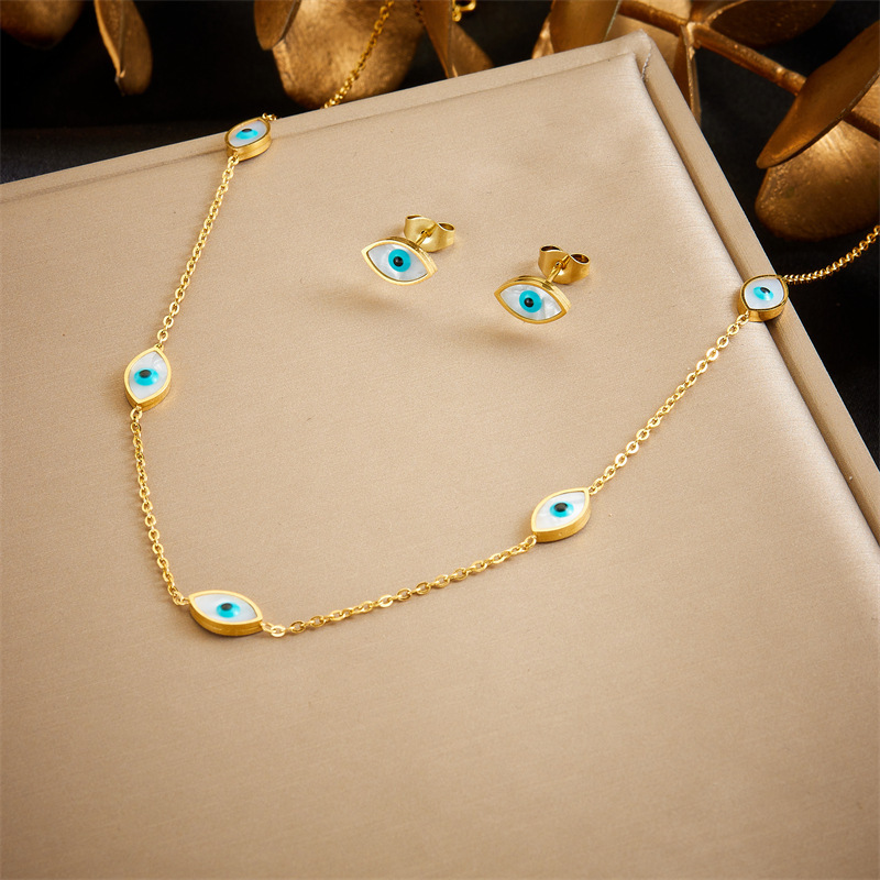 European and American retro high-end blue eye chain bracelet earring necklace stainless steel jewelry set