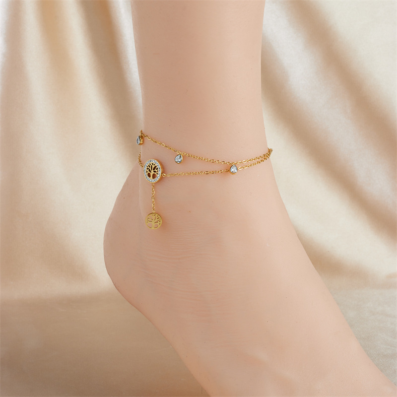 European and American cross-border fashion minimalist chain double-layered tassel five-pointed star tree of life pendant anklet