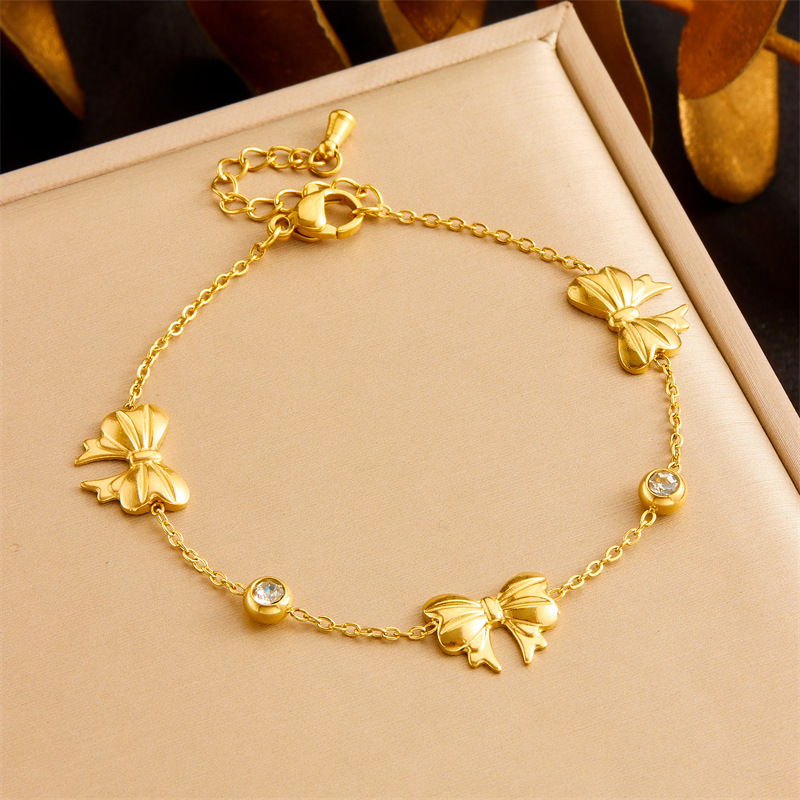 Japanese and Korean style minimalist gold-plated retro round diamond bow accessory chain stainless steel bracelet earring necklace jewelry set