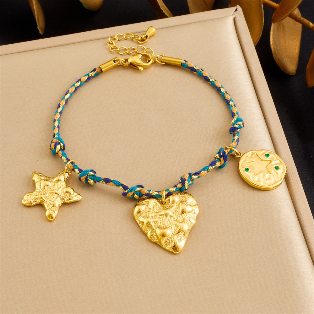 Cross-border fashion bohemian retro style colorful rope braided chain gold-plated stainless steel multi-element pendant set