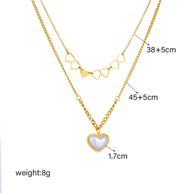 European and American fashion creative unique double-layered hollow double heart pendant chain pearl peach heart necklace