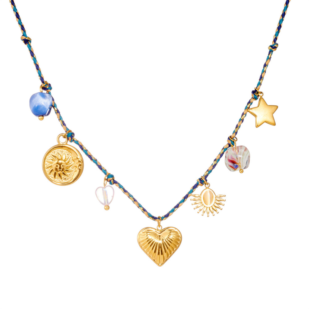 Cross-border fashion bohemian retro style colorful rope braided chain gold-plated stainless steel multi-element pendant set