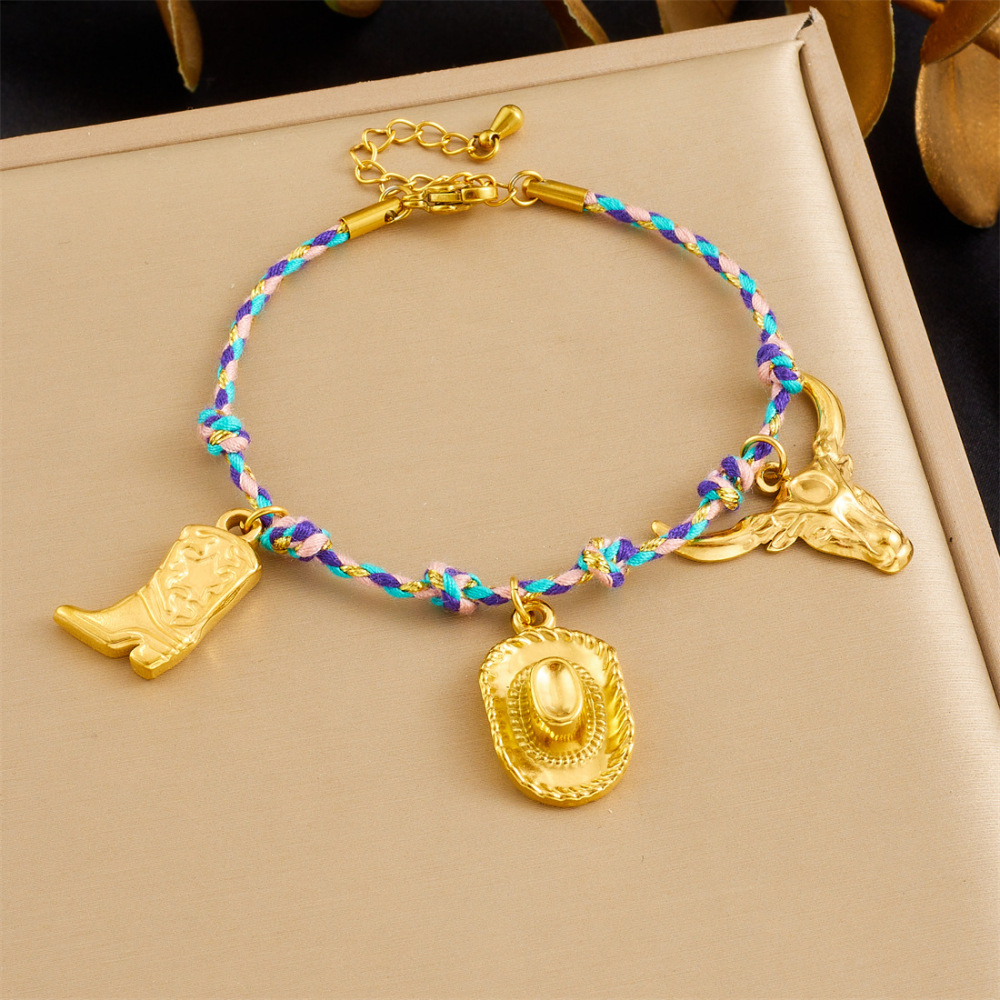 Cross-border fashion bohemian retro style colorful rope braided chain gold-plated stainless steel multi-element pendant set