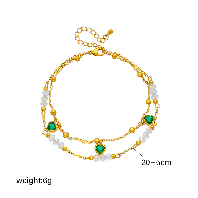 European and American fashion creative retro high-end double-layer beaded green heart pendant accessory titanium steel anklet