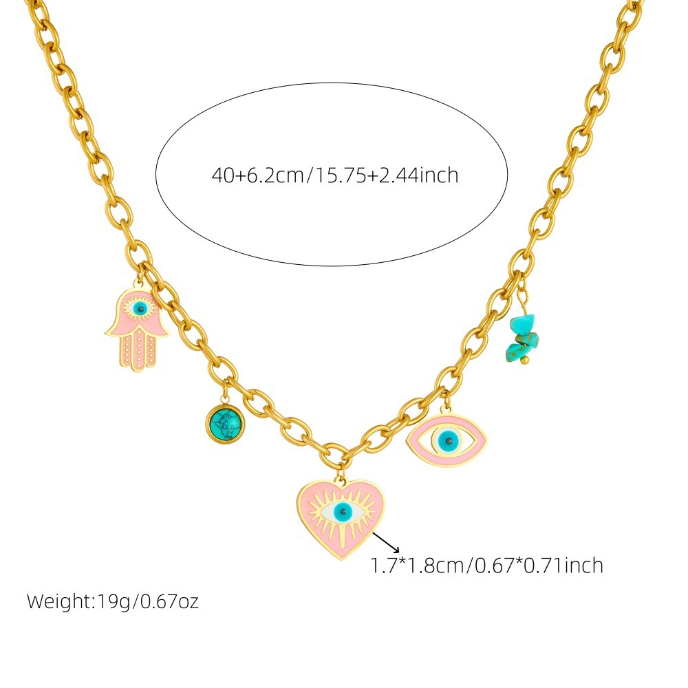 Cross-border fashion personalized oil-drop pink heart eyes blue turquoise pendant stainless steel necklace earrings bracelet set