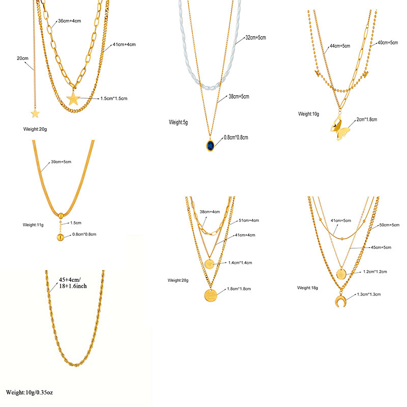 European and American cross-border fashion retro niche design stacked chain stainless steel butterfly moon pearl pendant necklace for women