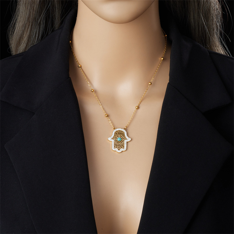 European and American cross-border fashion retro inlaid turquoise openwork palm accessory chain stainless steel necklace earrings