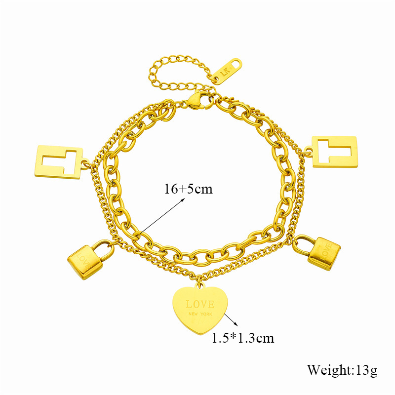 Korean style titanium steel double-layer chain heart-shaped engraved hollow lock pendant, jewelry bracelet, European and American style