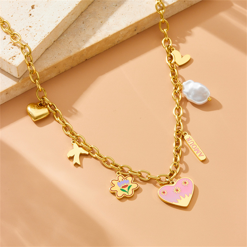 Korean style fashionable cartoon cute painted heart flower bird pearl pendant chain stainless steel necklace