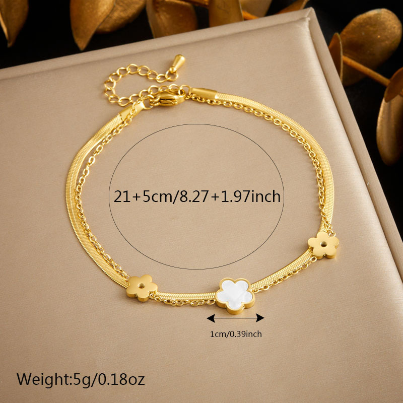 Stylish, niche, minimalist, elegant white seashell, butterfly, and flower accessory chain; multi-layered stainless steel anklet.