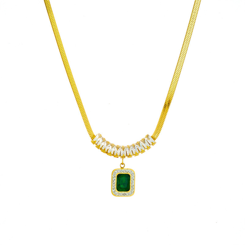 European and American style retro high-end minimalist diamond-encrusted snake chain square green diamond pendant titanium steel jewelry necklace