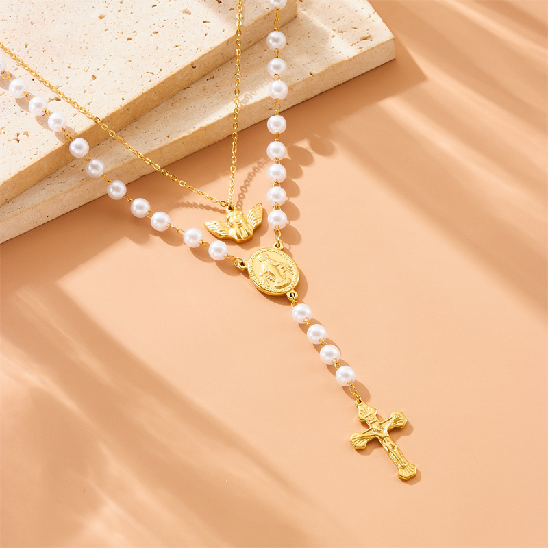 European and American style oval portrait brand retro double-layered angel pearl chain tassel cross stainless steel jewelry necklace