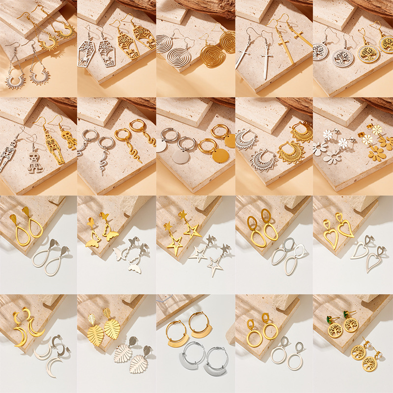 Cross-border fashion, unique, minimalist geometric jewelry, stainless steel gold-plated butterfly and flower irregular pendant earrings