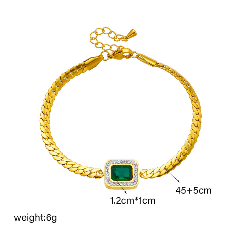 European and American style niche minimalist individual high-end retro green square diamond gemstone twisted titanium steel bracelet