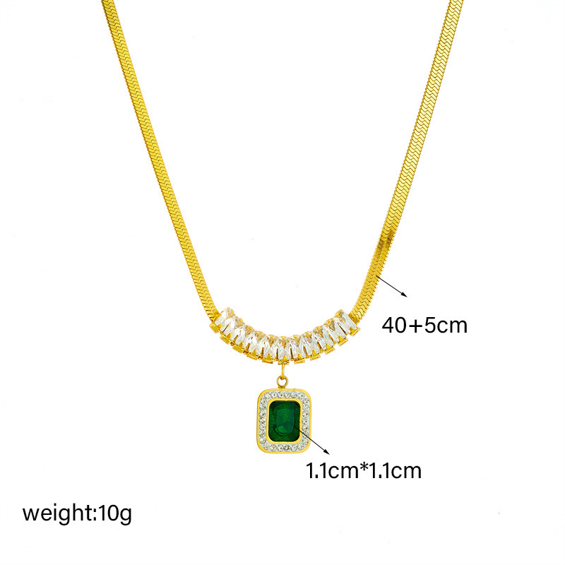 European and American style retro high-end minimalist diamond-encrusted snake chain square green diamond pendant titanium steel jewelry necklace
