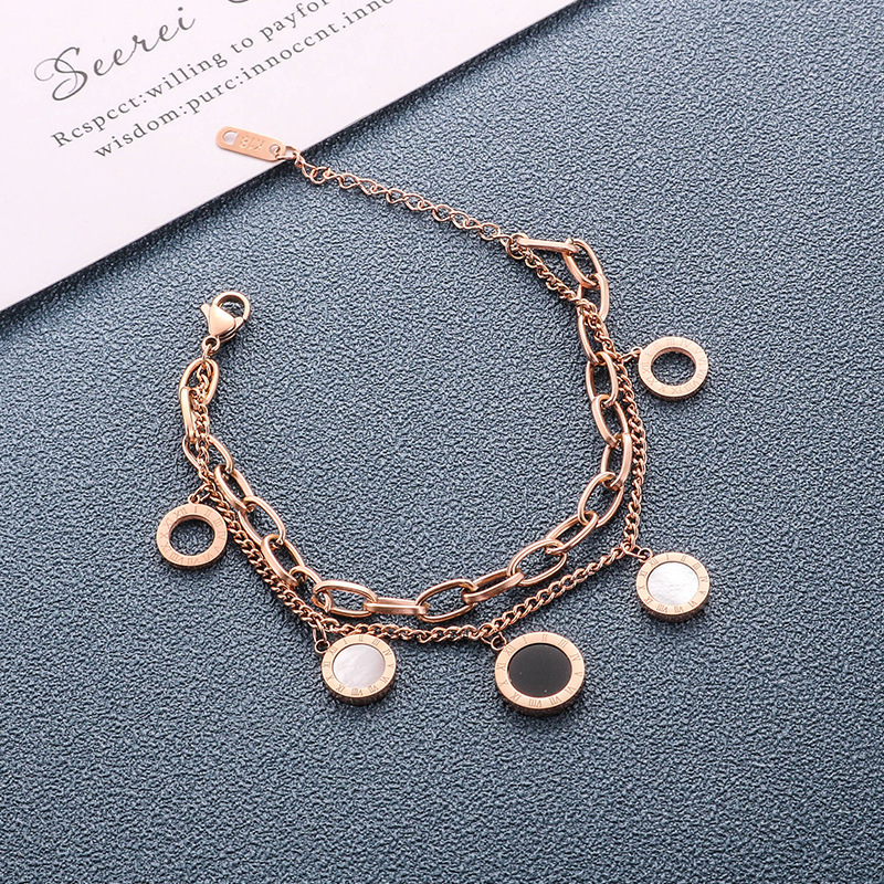 European and American style, simple and unique double-layered irregular round pendant hollowed-out metal titanium steel chain bracelet