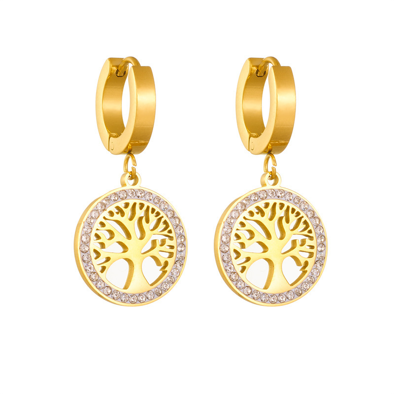 European and American style, light luxury, high-end round diamond-encrusted Tree of Life earrings, simple and retro style.