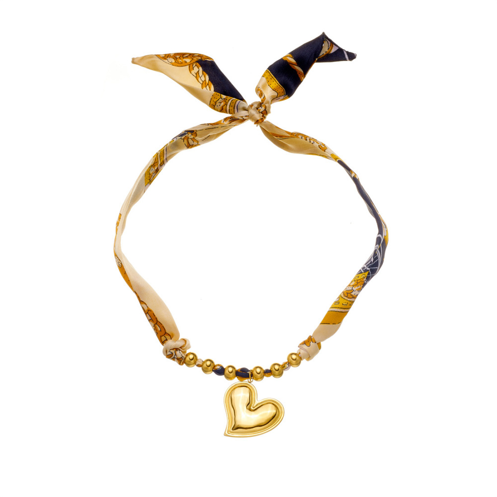 European and American style retro printed colorful ribbon cord gold-plated stainless steel heart cross bird necklace