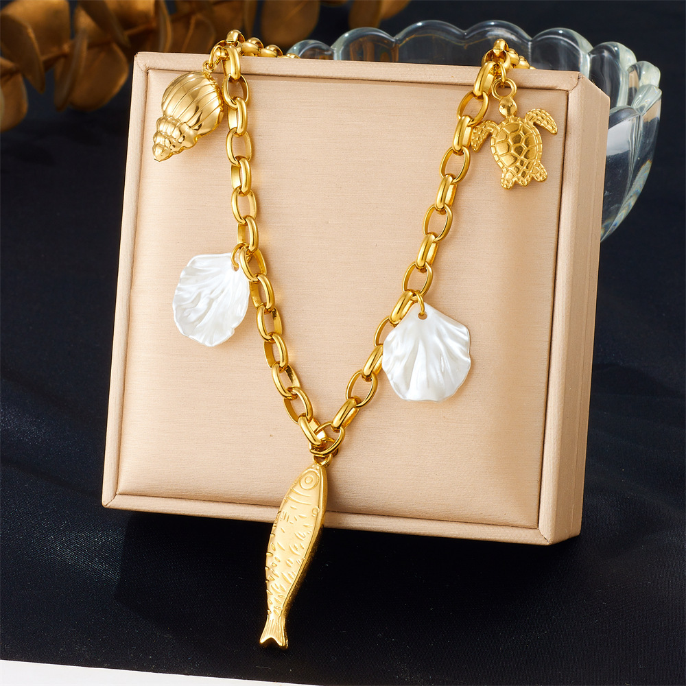 Cross-border fashion beach vacation style seashell starfish sun cherry heart multi-element stainless steel necklace