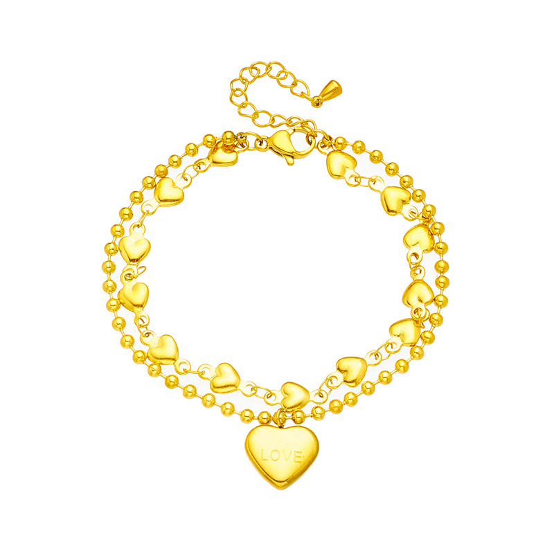 Korean style, simple and fashionable, suitable for commuting, double-layered, creative and unique heart-shaped bead titanium steel jewelry bracelet.