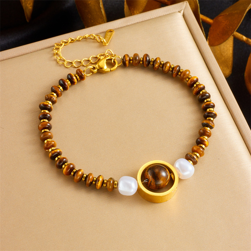 European and American cross-border oval tiger eye Maillard style woven beaded heart gemstone pendant chain splicing bracelet