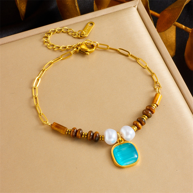 European and American cross-border oval tiger eye Maillard style woven beaded heart gemstone pendant chain splicing bracelet