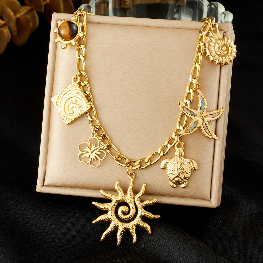 European and American chic style, high-end and luxurious tiger's eye stone sun and moon hollowed-out flower starfish turtle pendant necklace