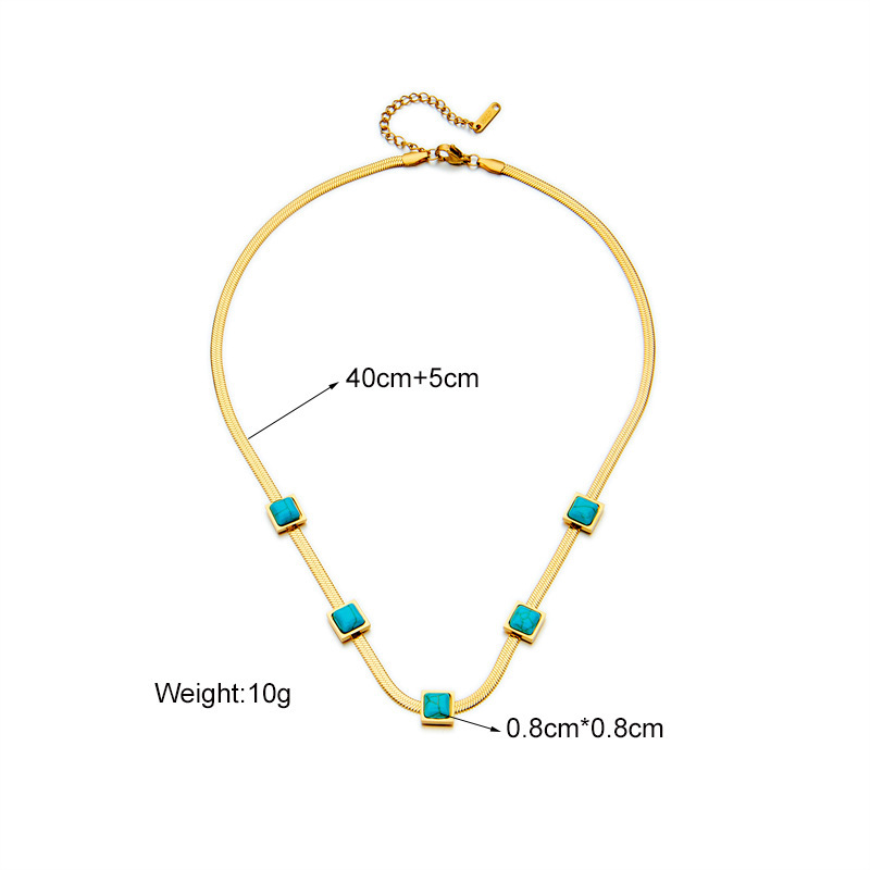 New European and American cross-border fashion gold and silver two-tone titanium steel snake bone chain turquoise square niche design clavicle necklace