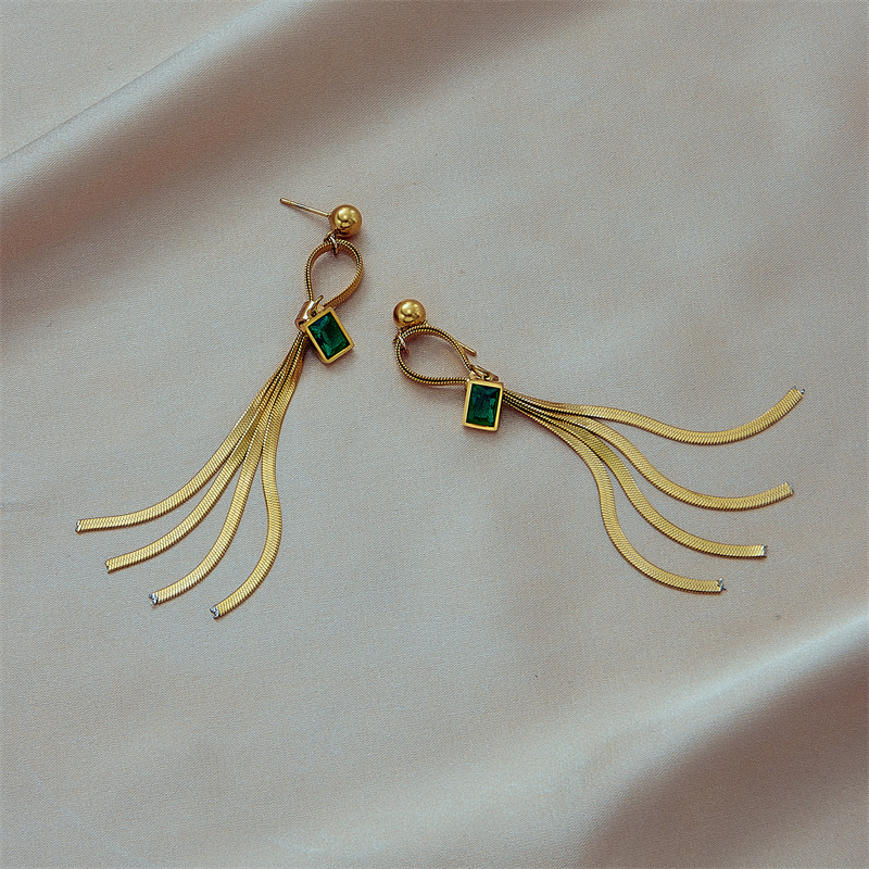 New European and American cross-border style titanium steel square green diamond long tassel simple retro dangling versatile stud earrings