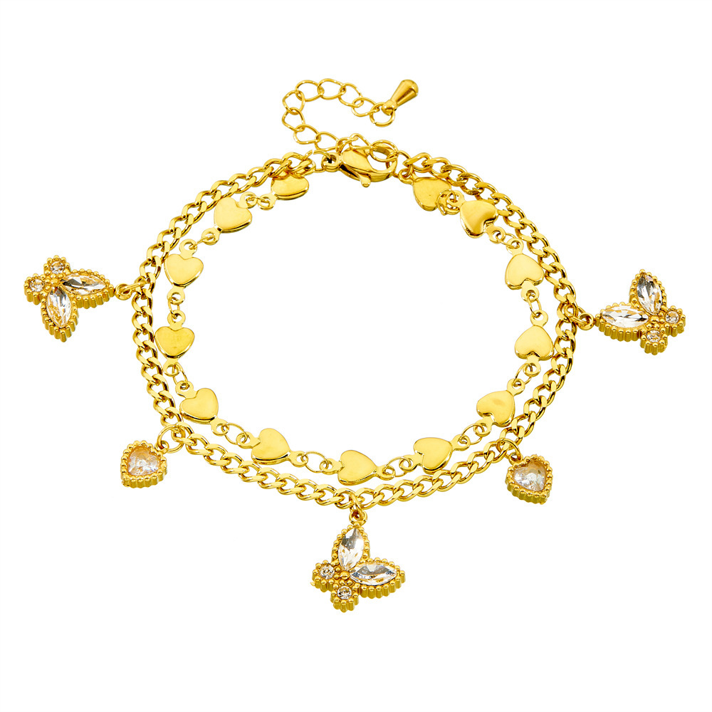 Cross-border fashion stainless steel heart double-layer stacked jewelry, diamond-encrusted butterfly heart, colorfast accessory bracelet