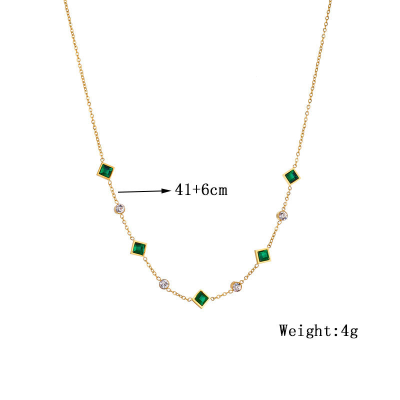 Cross-border fashion diamond-encrusted emerald square and round diamond accessories chain stainless steel jewelry necklace