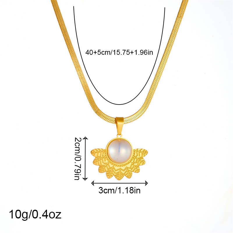 European and American cross-border fashion retro pearl inlaid fan-shaped feather pendant stainless steel chain gold-plated jewelry necklace